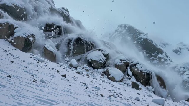 Avalanche of Snow and Rocks Tumbling Down a Mountain Slope winter