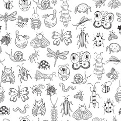 Funny bugs vector hand drawn line seamless pattern.