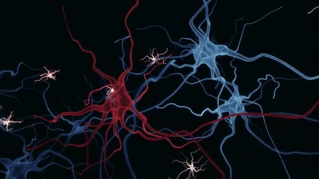 Close up view of neurons and microglia within brain tissue, showing neural network structures and cellular interaction in the nervous system.