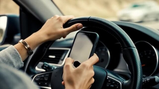 A person is using a phone while driving a car, a dangerous situation 