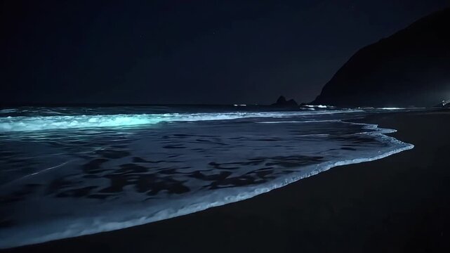 Bioluminescent waves glow with ethereal blue light on a dark sandy beach at night.