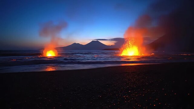 Fiery lava erupts into the ocean at dusk, creating dramatic volcanic spectacle.