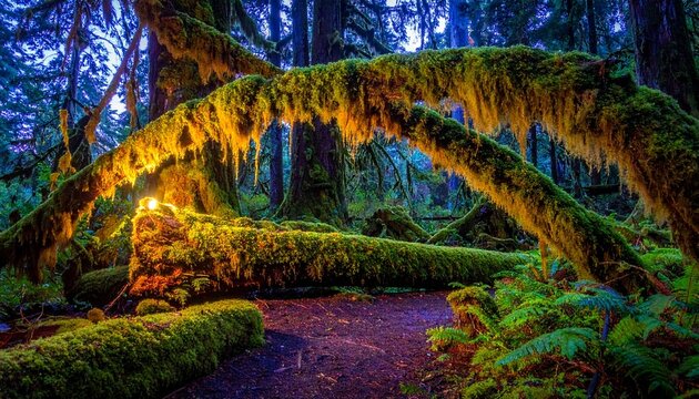 Enchanted Forest Path - A Moss-Covered Archway in a Lush Landscape.