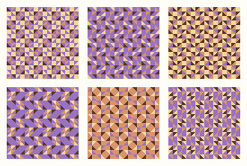 Purple retro, Color tessellation set, bundle of modern seamless vector patterns. Neutral retro colors. Repeatable design for fabric collection, wallpapers,