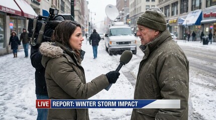 Female reporter interviewing man about winter storm on snowy street 
