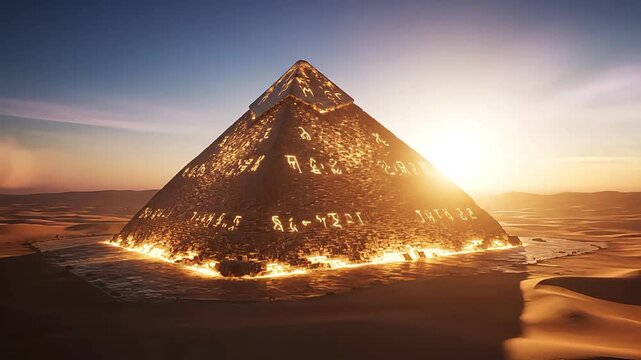 Majestic ancient pyramid glowing with warm light at sunset in a vast desert landscape.
