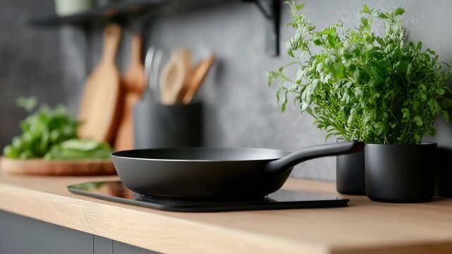 Smoking black frying pan steaming on a modern induction cooktop in a stylish contemporary kitchen with fresh herbs, representing the concept of healthy cooking and home dining