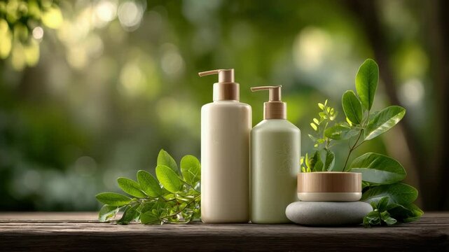 Natural skincare cosmetic product set with organic plant ingredients on a wooden table. Spa beauty treatment, body care, and relaxation concept with soft green nature background