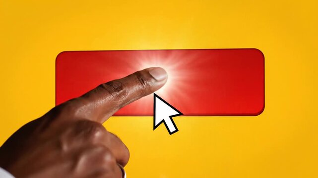 Hand pressing a red PROVE button on a vibrant yellow background, symbolizing approval and confirmation.