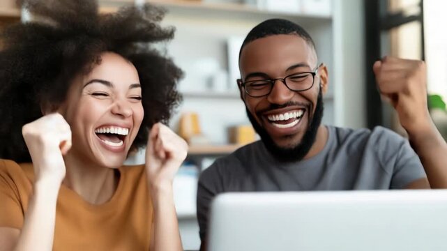 Happy african american couple laughing using laptop for online shopping, winning lottery, watching funny video content or making a video call with family at home
