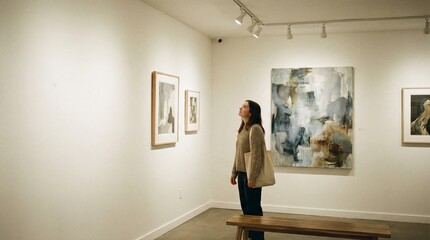 Fototapeta premium Woman admiring artwork in gallery with minimalist decor