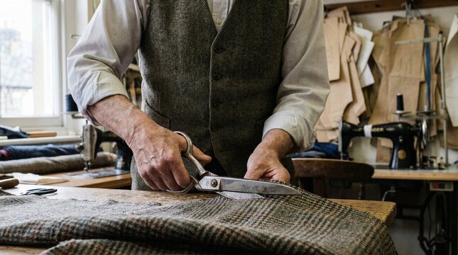Elderly tailor cutting fabric with scissors in workshop setting  