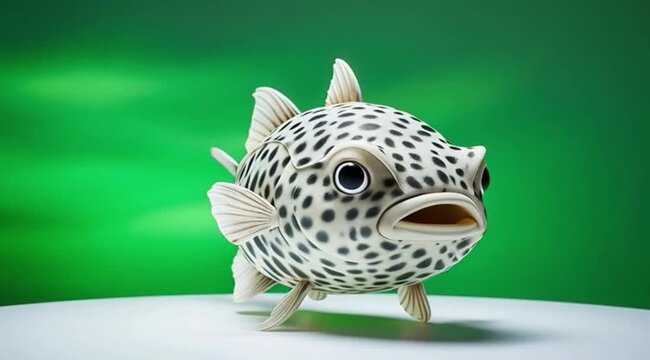 Cartoon fish with spots swimming against a green background  