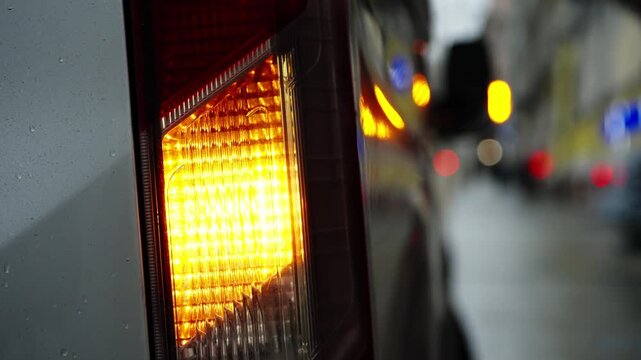 Close-up of a blinking amber turn indicator on the rear of a wet vehicle along a rainy urban street, with soft traffic bokeh and reflections on the bodywork showing motion and caution.