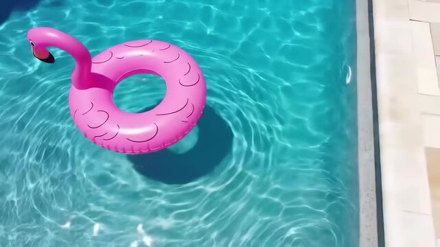 Pink Flamingo Inflatable Ring Floating in Clear Blue Swimming Pool Water on a Sunny Day.