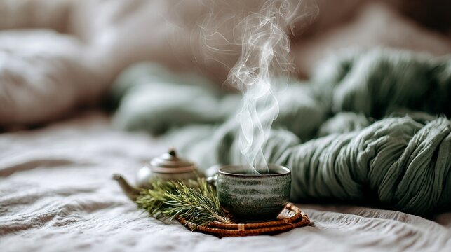 A steaming cup of tea on a cozy bed with soft green fabric creating a serene and tranquil atmosphere