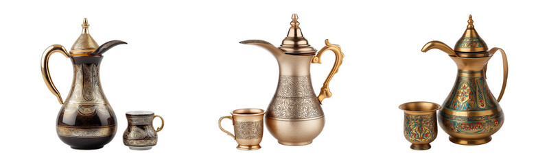 Traditional Arabic Coffee Dallah and Cup Set PNG - Isolated on Transparent Background with Flat Lighting for Ramadan Hospitality Design
