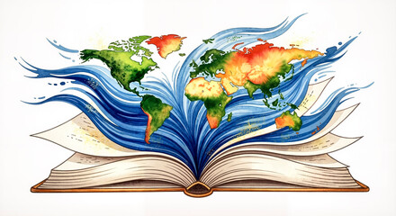Watercolor illustration of an open book transitioning into a stylized world map  
