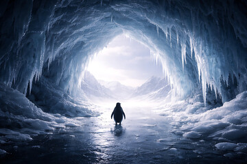 Penguin's Icy Passage: A lone penguin bravely navigates a breathtaking ice cave, its silhouette a testament to resilience amidst a frozen, majestic landscape.