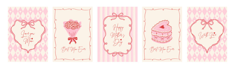 Obraz na płótnie Canvas Set of coquette greeting cards for Mother's Day. Hand drawn frames in whimsical lines by shape hearts, with bows and ribbons, rhombus pattern, cake in shape heart, bouquet of rose. Vector poster.