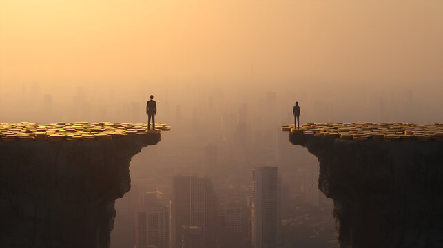 People Standing on Opposite Sides of a Money Cliff Showing Huge Wealth Gap and Economic Inequality Above a Modern City &mdash; Rich vs Poor Financial Divide, Income Gap, Social Inequality Concept