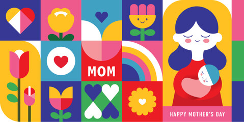 Naklejka premium Happy Mother's Day flat vector illustration in geometry style. Mom with child, flowers and abstract geometric shapes.