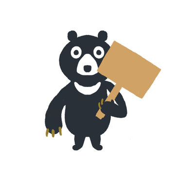 Bear holding blank sign illustration, warning and notice chara