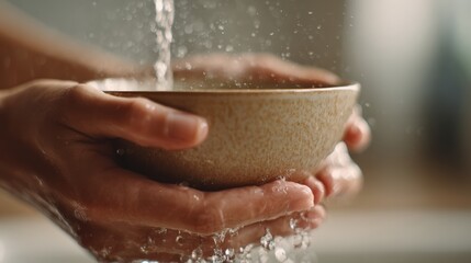 Fototapeta premium Close-Up of Hands Washing Ceramic Tea Cup Under Running Water
