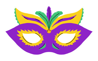 Vector purple mardi gras mask with yellow and green feather. Festive carnival masquerade costume accessory for party, parade, holiday celebration, invitation, poster, banner, social media design. © Ulyana Mo