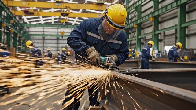 Worker grinding metal in factory