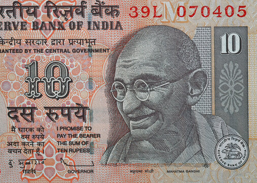 Portrait of Mahatma Gandhi on a banknote ten rupee