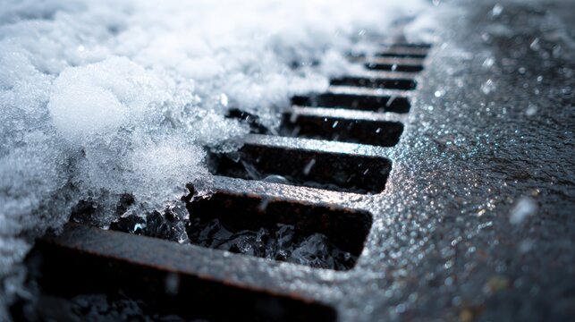 Close-Up of Storm Drain Grate with Melting Snow in Winter Light