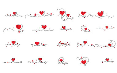 continuous line drawing of heart and love symbol vector set.