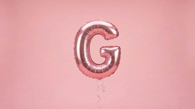 Shiny rose gold letter g balloon floating on soft pink background with string