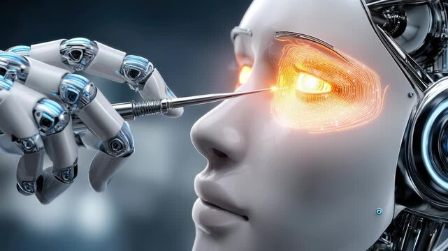 Artificial intelligence robot assembling a female android's glowing cybernetic eye, demonstrating the advanced precision of futuristic robotic manufacturing technology