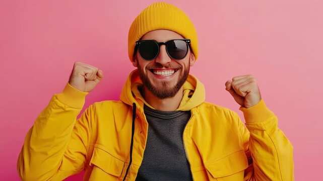 Joyful happy man dancing energetically, raising his fists in celebration and victory, wearing stylish sunglasses and a yellow beanie against a vibrant pink background
