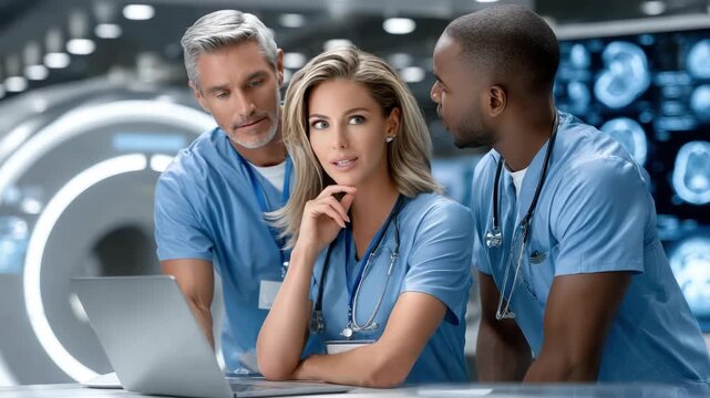 Diverse team of medical professionals collaborating on a diagnosis using a laptop in a futuristic hospital radiology room with an mri scanner in the background
