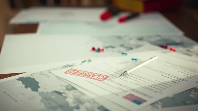Classified intelligence documents stamped with a secrecy seal are spread out on a table alongside a world map, highlighting a strict classification regime under a non-disclosure agreement