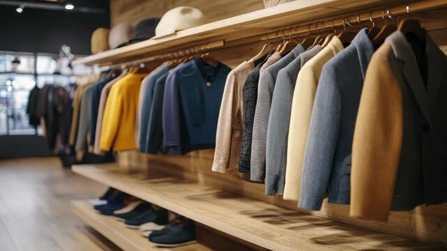 Exclusive men's clothing boutique showcasing a new collection of luxury fashion suits, blazers, and jackets on wooden hangers in a modern, stylish retail store interior