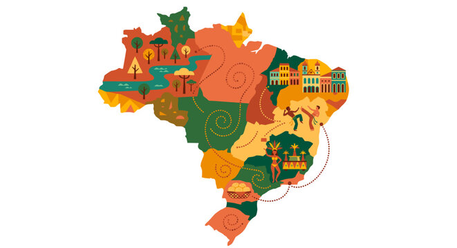 A colorful illustration of the map of Brazil, with stylized elements