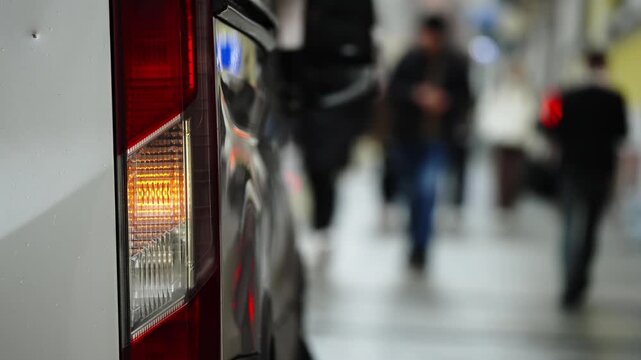 Close-up of a van's illuminated rear turn signal beside a busy urban sidewalk, with blurred pedestrians and glowing streetlights forming a bokeh backdrop that highlights traffic safety and movement
