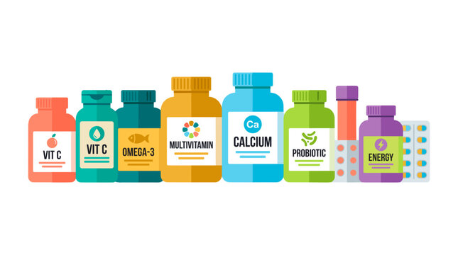 A collection of diverse vitamin bottles on a flat surface, illustrating the variety of supplements available
