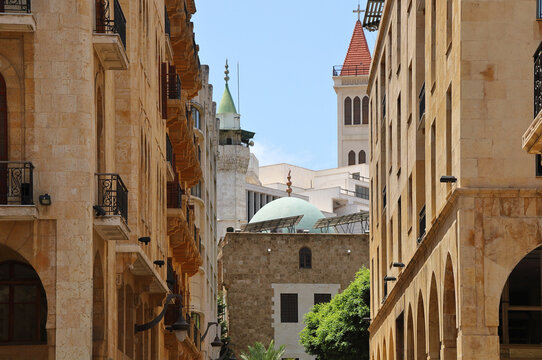 Mosques, Churches and classical style  buildings together co-existing in downtown Beirut, Lebanon.