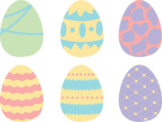 Six Pastel Easter Eggs with Different Patterns, Cute Spring Clipart Set
