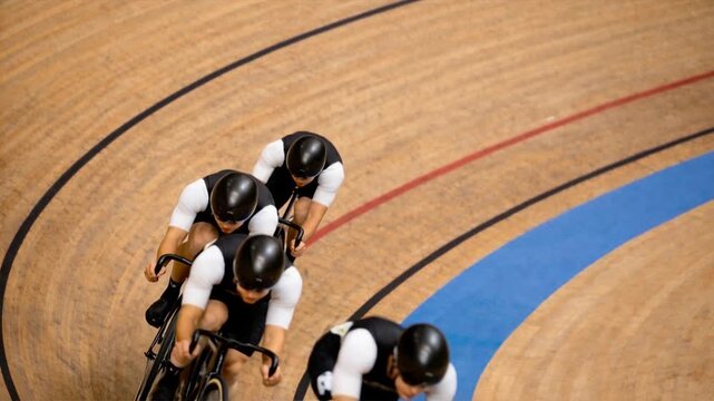 Four cyclists racing in a team pursuit on a wooden velodrome
