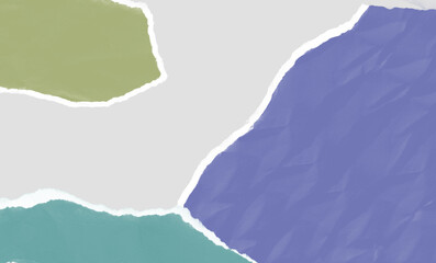 Abstract textured composition of torn paper edges in shades of purple, green, and blue over a light background for a modern collage look.
