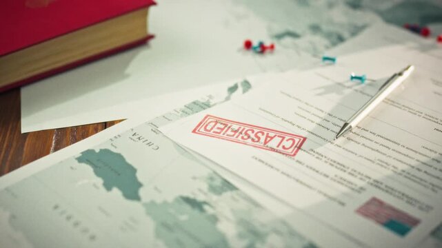 Classified interstate documents and a world map lie on the table, stamped with a clearance seal, indicating high-level intelligence and treaty information