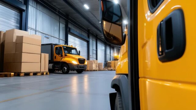 Forklift truck moving stacks of wood planks in a warehouse, representing the timber industry, storage logistics, and the process of handling cargo and materials for production