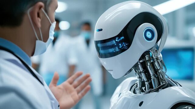 Humanoid robot interacting with a medical research scientist in a high tech laboratory for artificial intelligence development and futuristic medical innovation