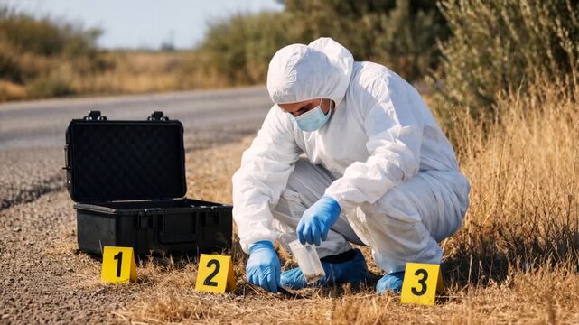 Forensic investigator collects evidence at a roadside crime scene